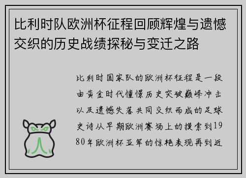 比利时队欧洲杯征程回顾辉煌与遗憾交织的历史战绩探秘与变迁之路